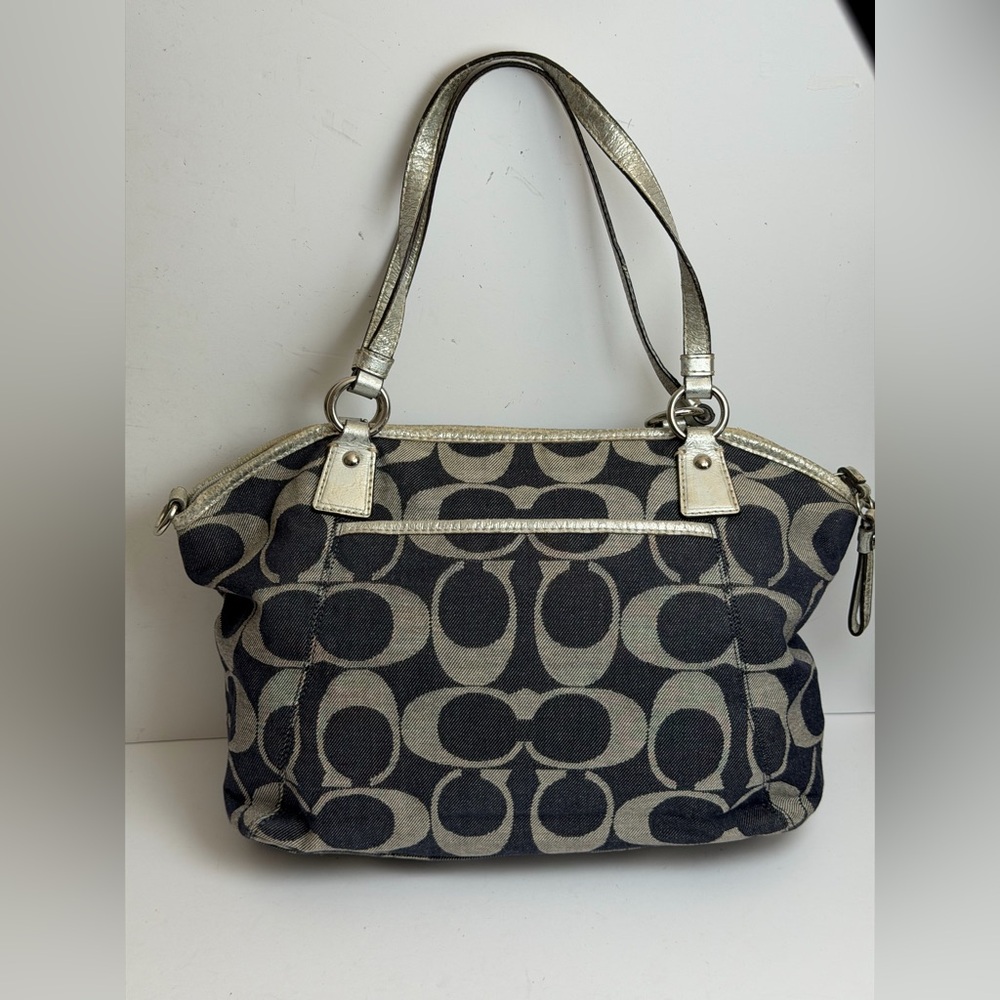 Coach Signature C Denim Stripe Tote Bag Silver Accents - Picture 5 of 14